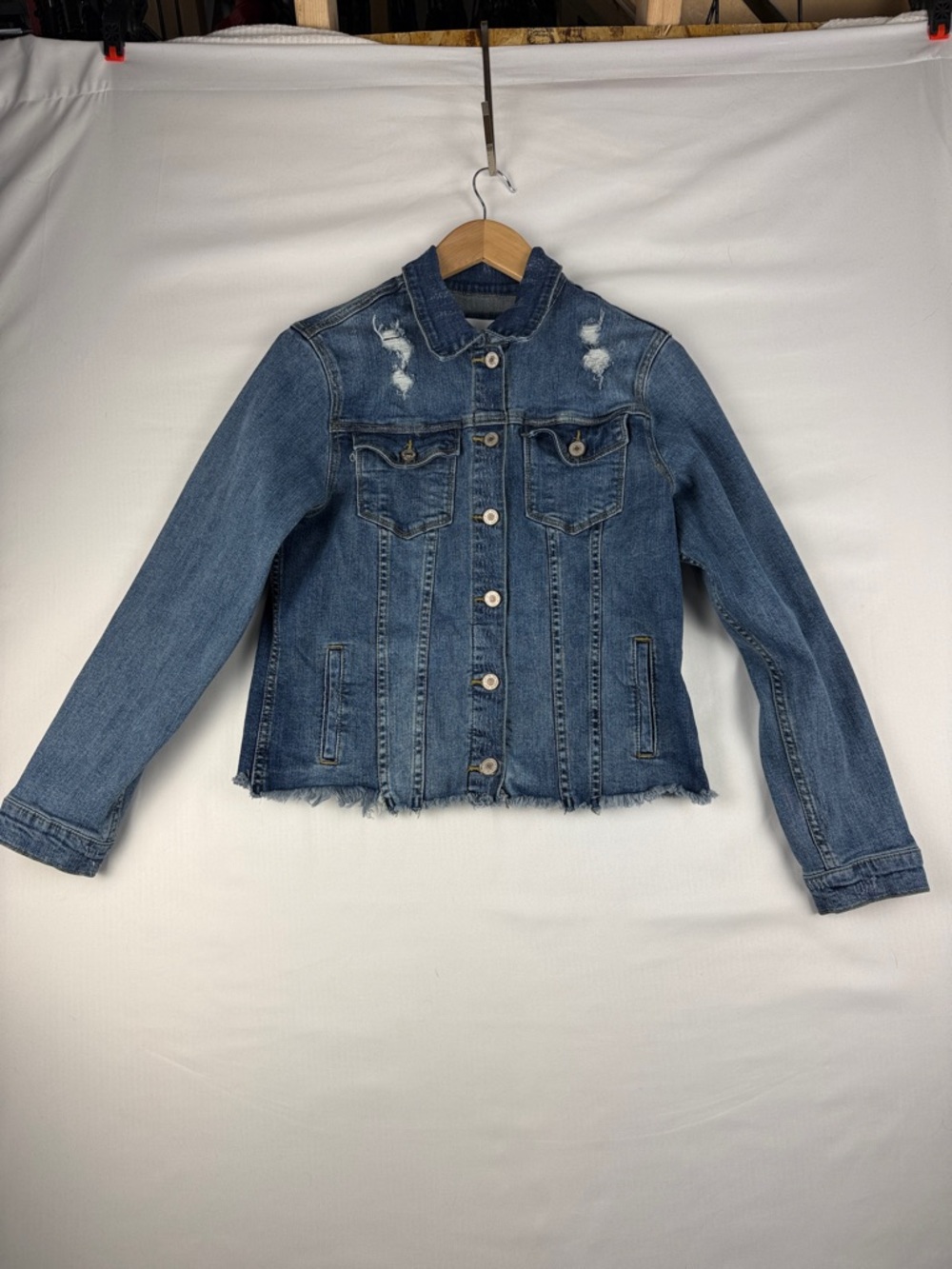 KanCan Distressed Raw Hem Denim Jacket Women's Size M Stretch Jean Jacket